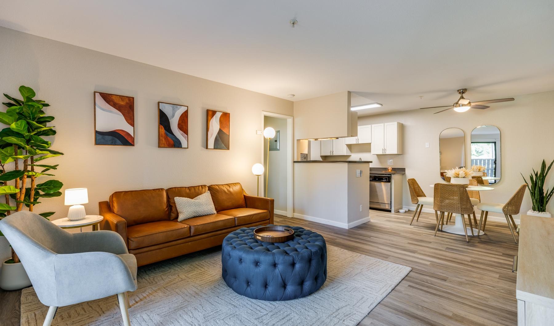 a living room with a couch and a table