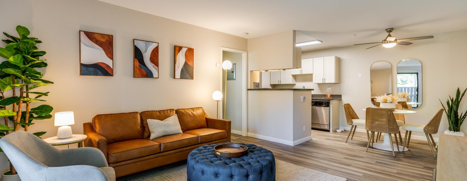 a living room with a couch and a table