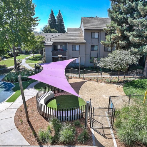 a backyard with a patio and umbrellas